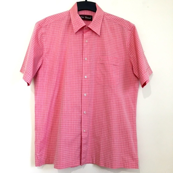 Men's Pink Red plaid button up short sleeve causal shirt - Picture 1 of 10